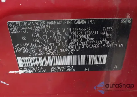 2010 Toyota Rav4 from USA, damaged, VIN 2T3ZF4DV1AW037350